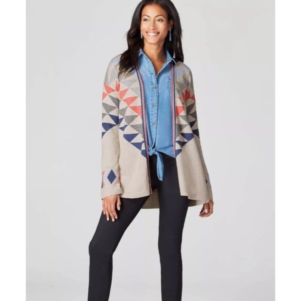 J.Jill Intarsia Aztec southwestern boho open front cardigan.